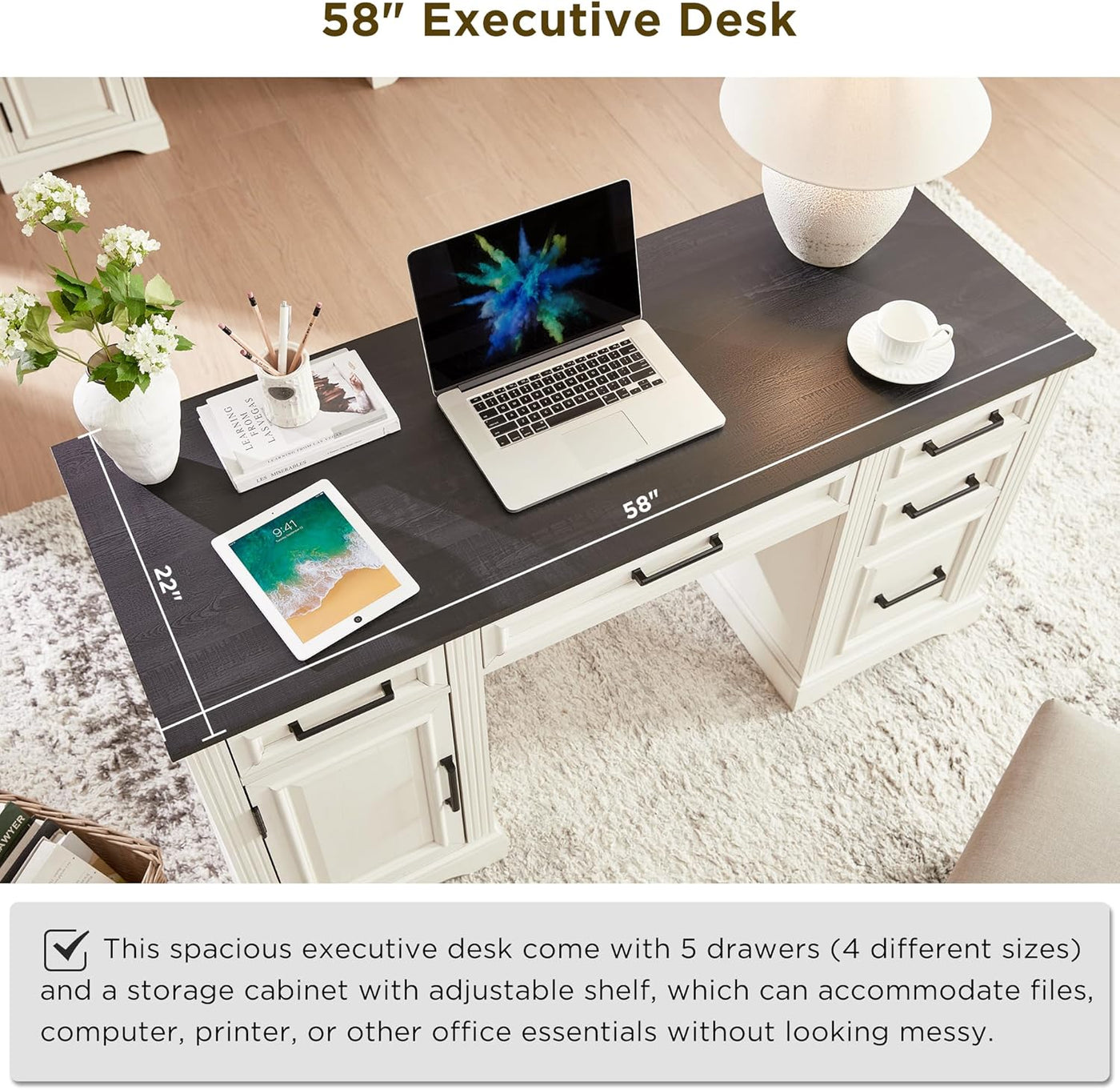 Off-White 58" Executive Desk – Farmhouse Office