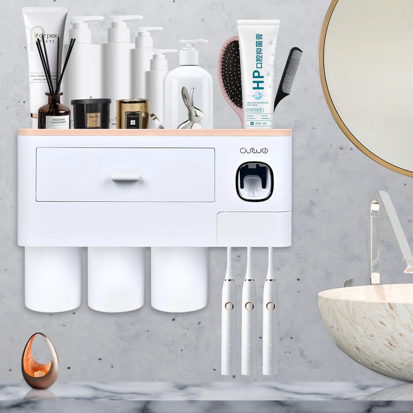 Toothbrush Holder Wall Mounted Automatic Toothpaste Dispenser Squeezer Kit -Magnetic Toothbrush Holder for Bathroom and Vanity, 4 Brush Slots 2 Cups 1 Cosmetic Drawer1 Large Storage Tray,Gray
