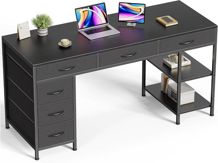47" Gray Computer Desk with 6 Drawers & Shelves