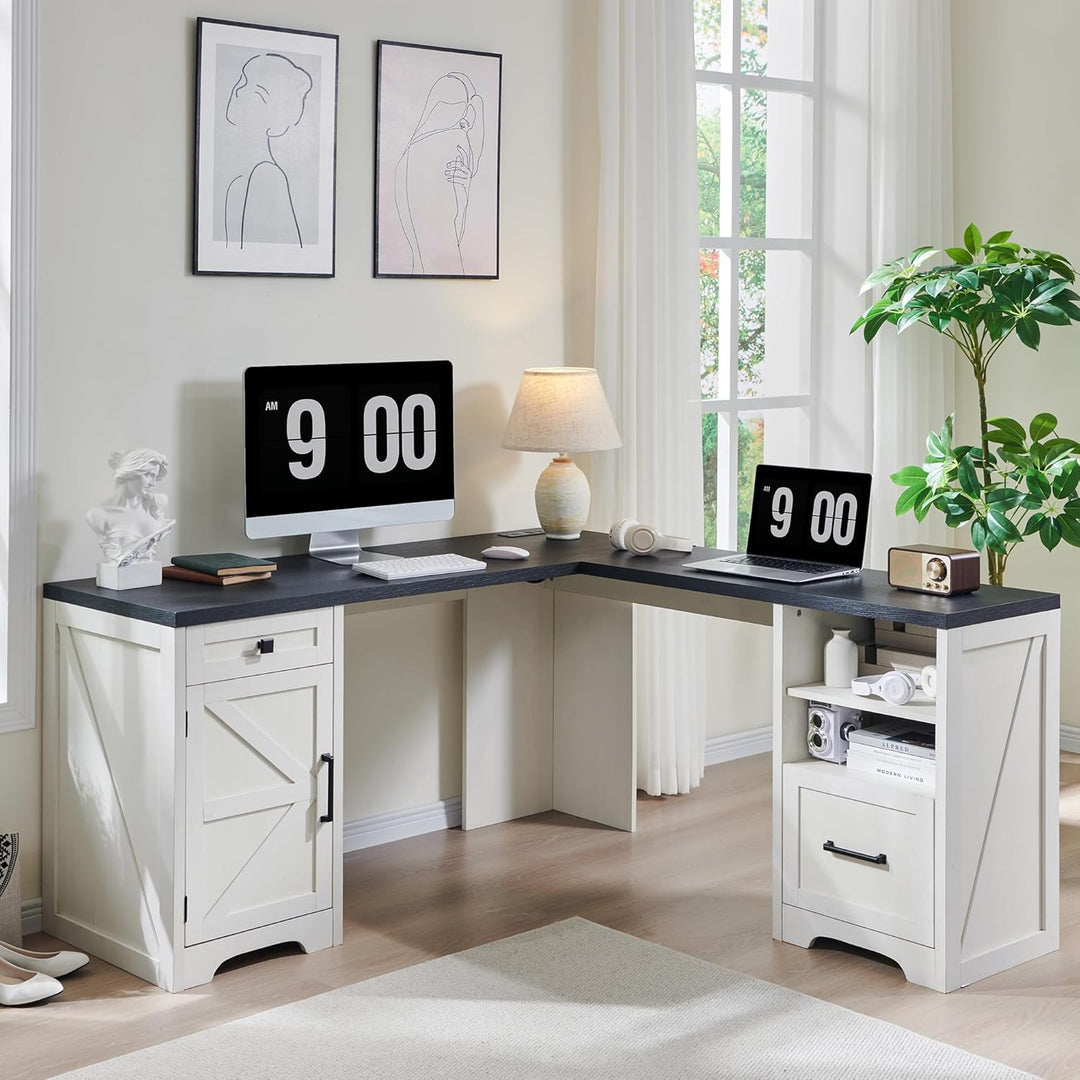 67" Off White Farmhouse Computer Desk with File