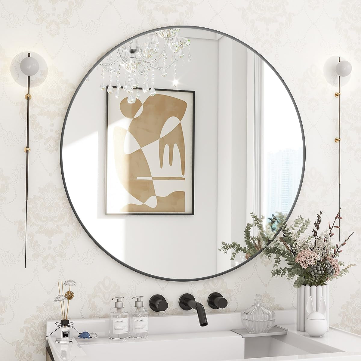 Modern Round Wall Mirror with Metal Frame – Minimalist Design for Bathroom, Living Room or Entryway