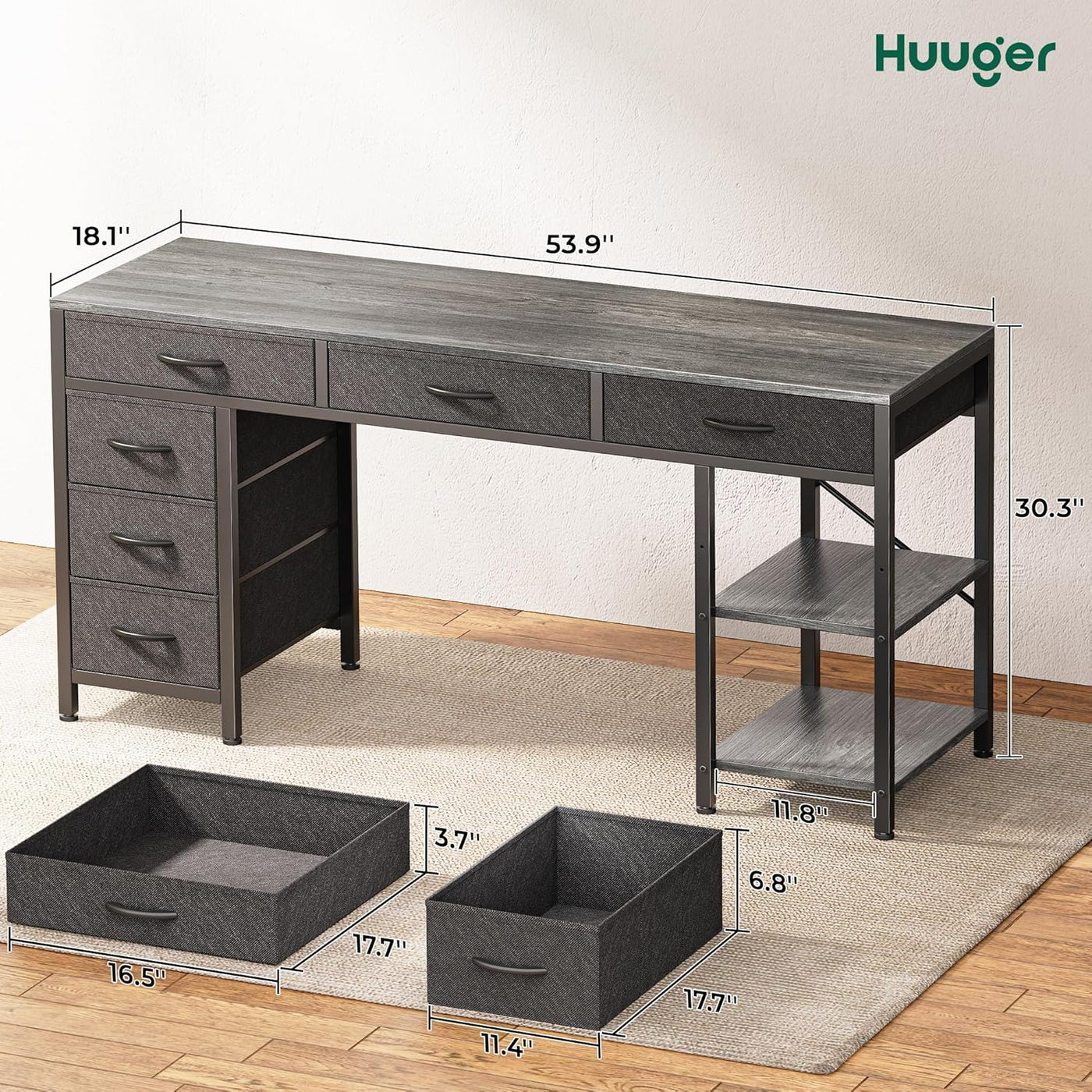 47" Gray Computer Desk with 6 Drawers & Shelves