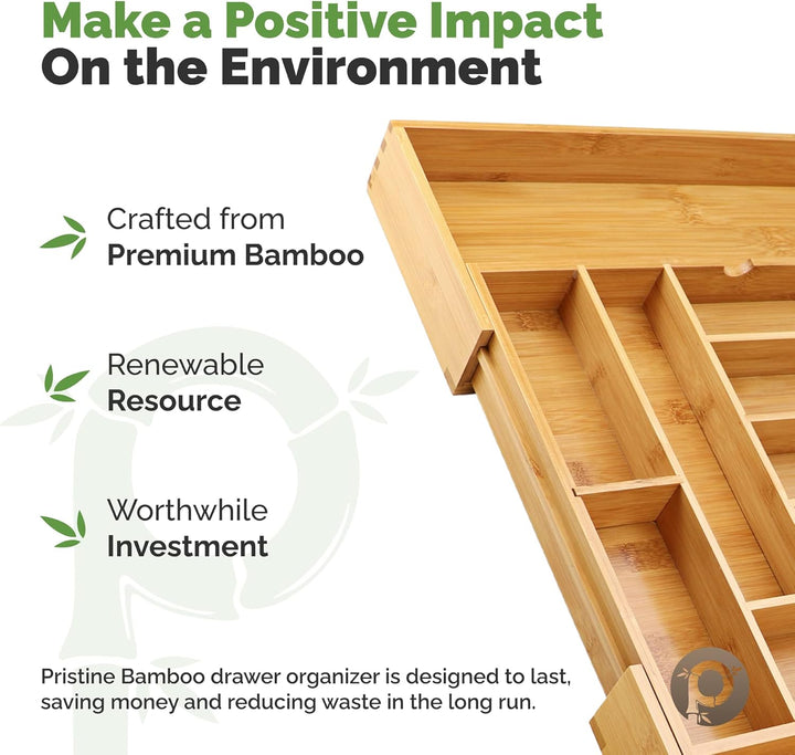 Expandable Bamboo Drawer Organizer for Kitchen & Office – 10 Adjustable Compartments, Fits 13"–22" Wide Drawers
