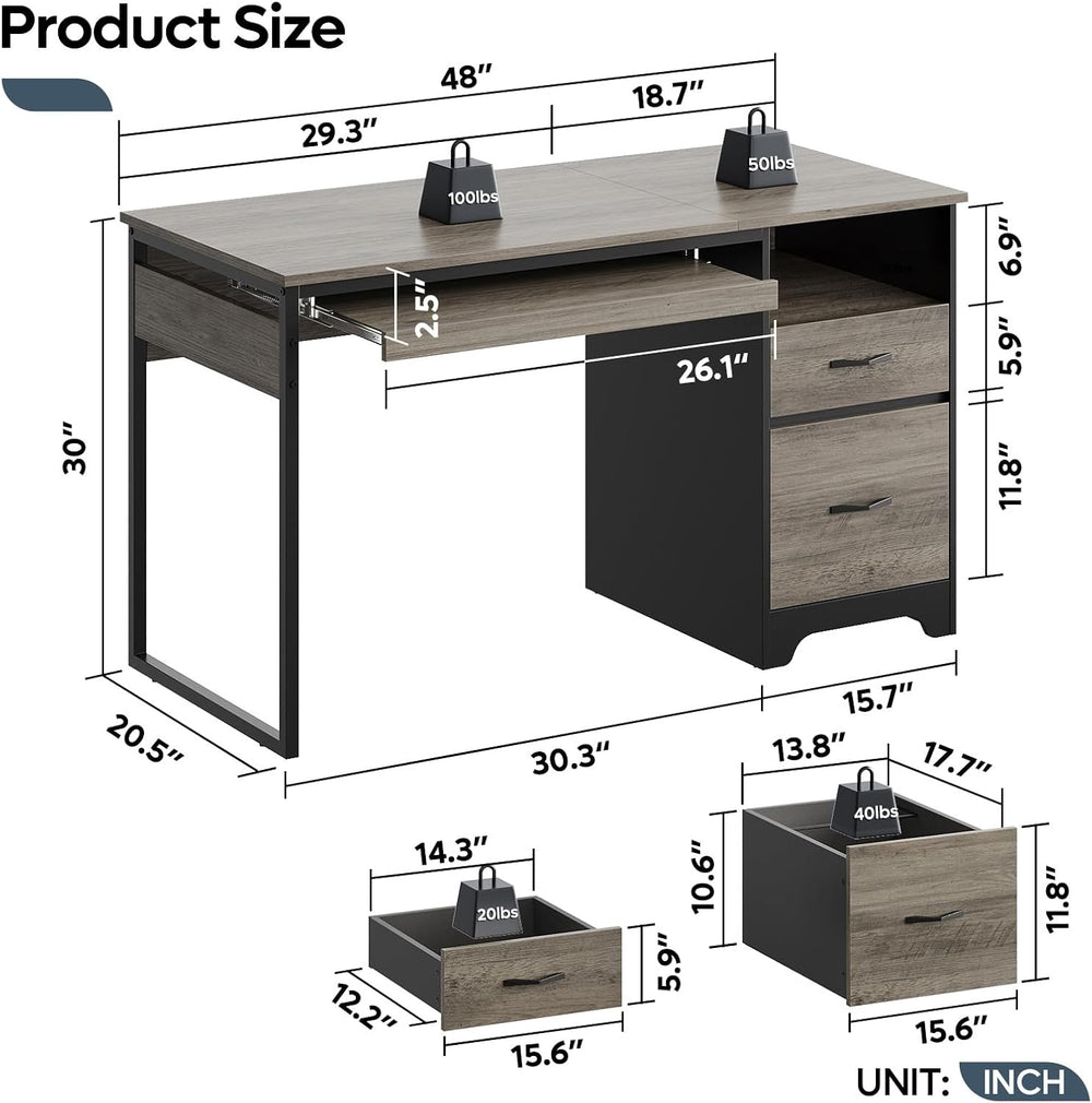 Gray 48" Computer Desk – Office Desk w/ Storage