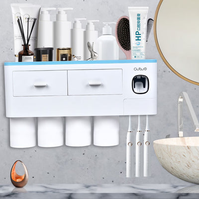 Toothbrush Holder Wall Mounted Automatic Toothpaste Dispenser Squeezer Kit -Magnetic Toothbrush Holder for Bathroom and Vanity, 4 Brush Slots 2 Cups 1 Cosmetic Drawer1 Large Storage Tray,Gray