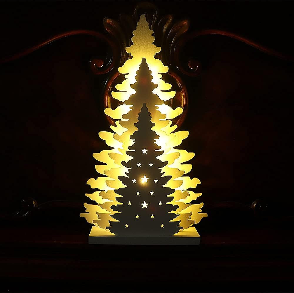 Wooden Christmas Tree Tabletop Decor, LED Wood Craft Christmas Trees Light 2AA Battery Powered 10 Inch for Xmas Home Decorations(Indoor)