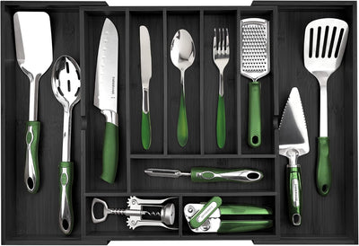 Expandable Bamboo Drawer Organizer for Kitchen & Office – 10 Adjustable Compartments, Fits 13"–22" Wide Drawers