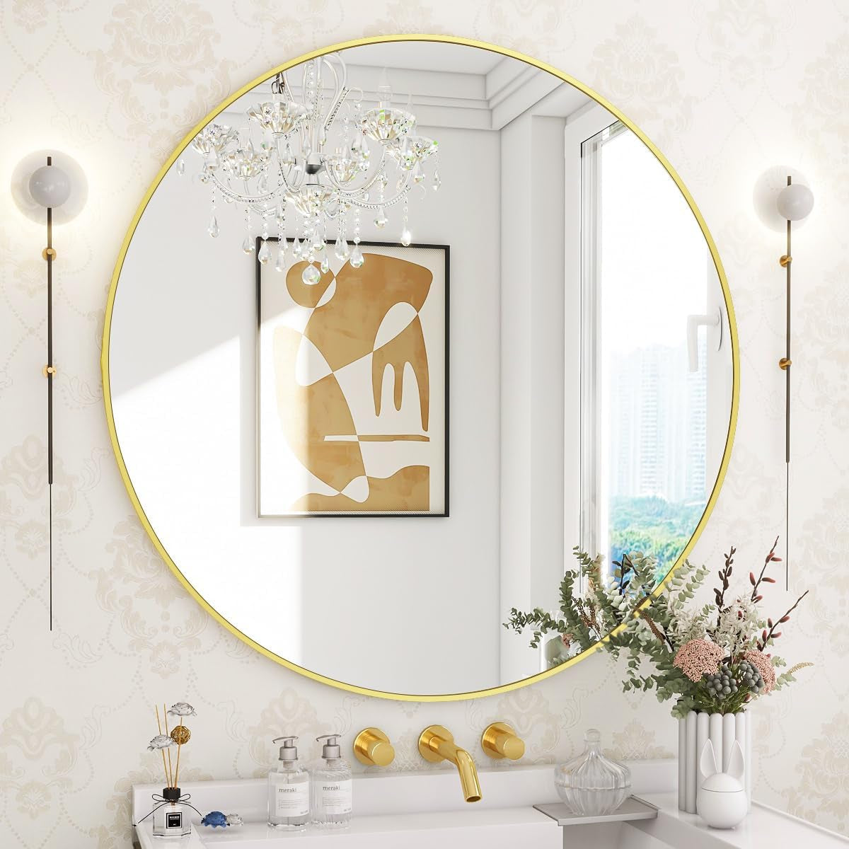 Modern Round Wall Mirror with Metal Frame – Minimalist Design for Bathroom, Living Room or Entryway