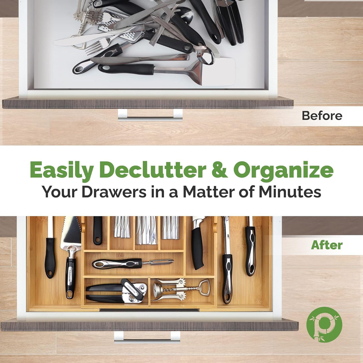Expandable Bamboo Drawer Organizer for Kitchen & Office – 10 Adjustable Compartments, Fits 13"–22" Wide Drawers