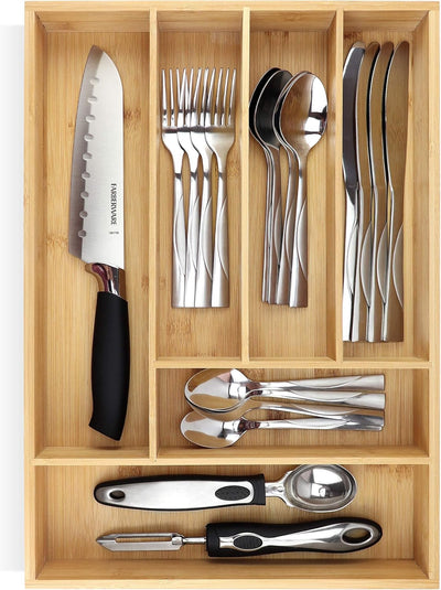 Expandable Bamboo Drawer Organizer for Kitchen & Office – 10 Adjustable Compartments, Fits 13"–22" Wide Drawers