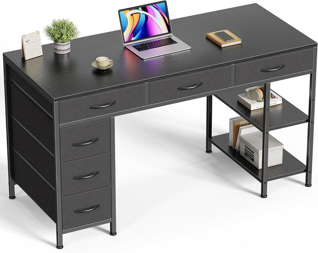 47" Gray Computer Desk with 6 Drawers & Shelves