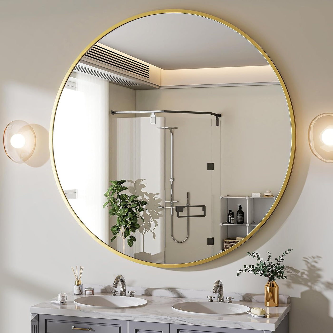 Modern Round Wall Mirror with Metal Frame – Minimalist Design for Bathroom, Living Room or Entryway