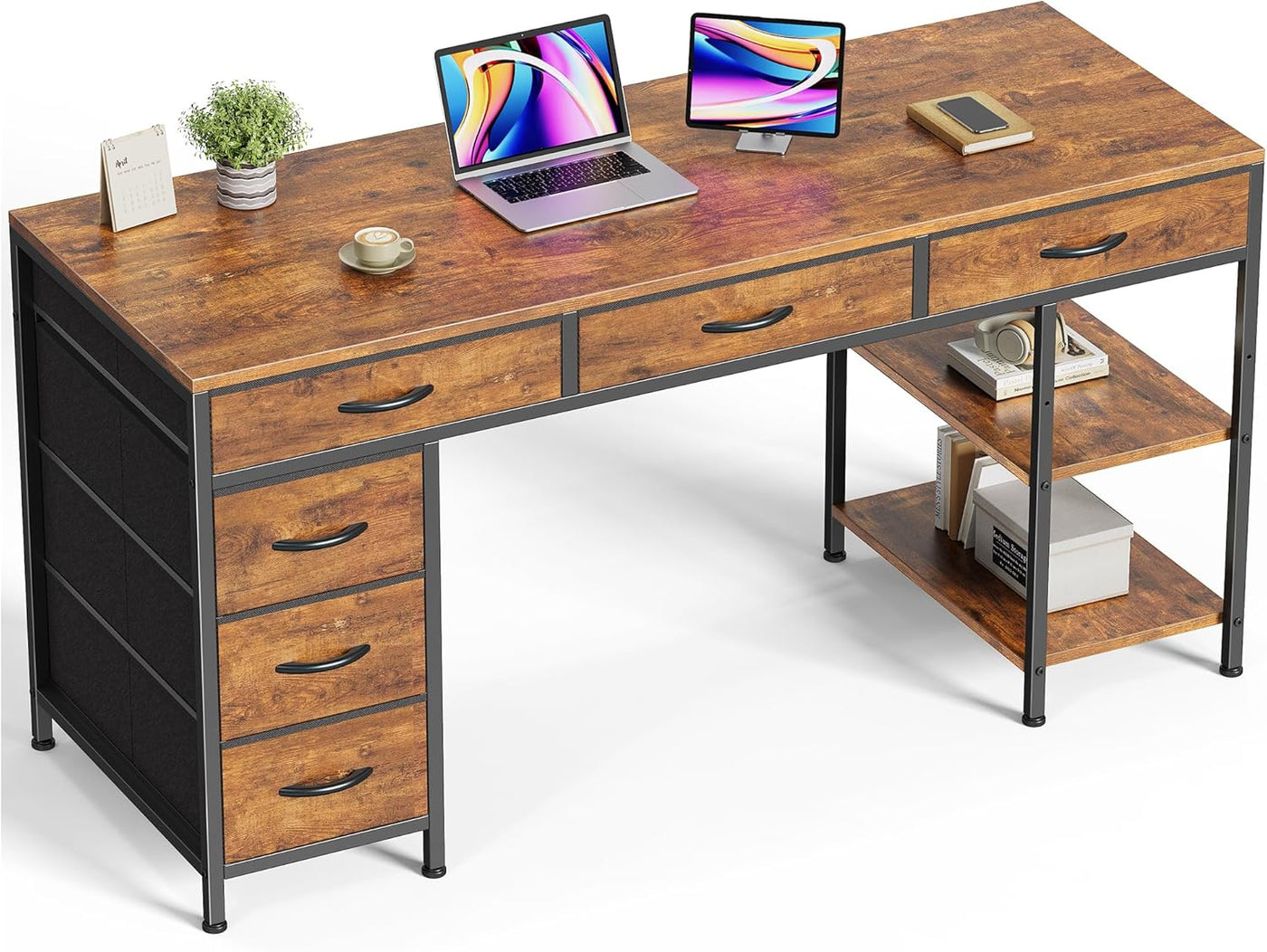 47" Gray Computer Desk with 6 Drawers & Shelves
