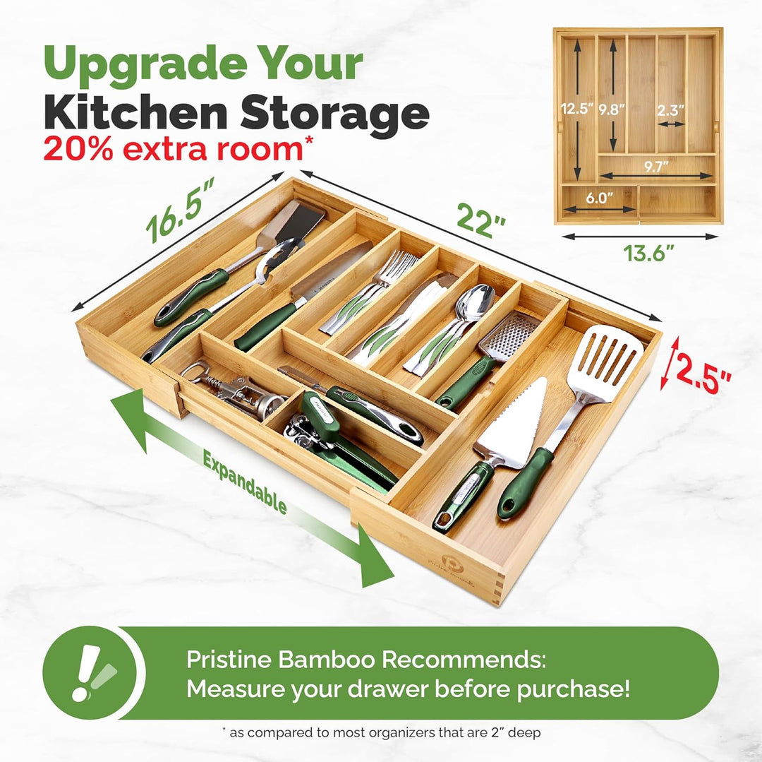 Expandable Bamboo Drawer Organizer for Kitchen & Office – 10 Adjustable Compartments, Fits 13"–22" Wide Drawers