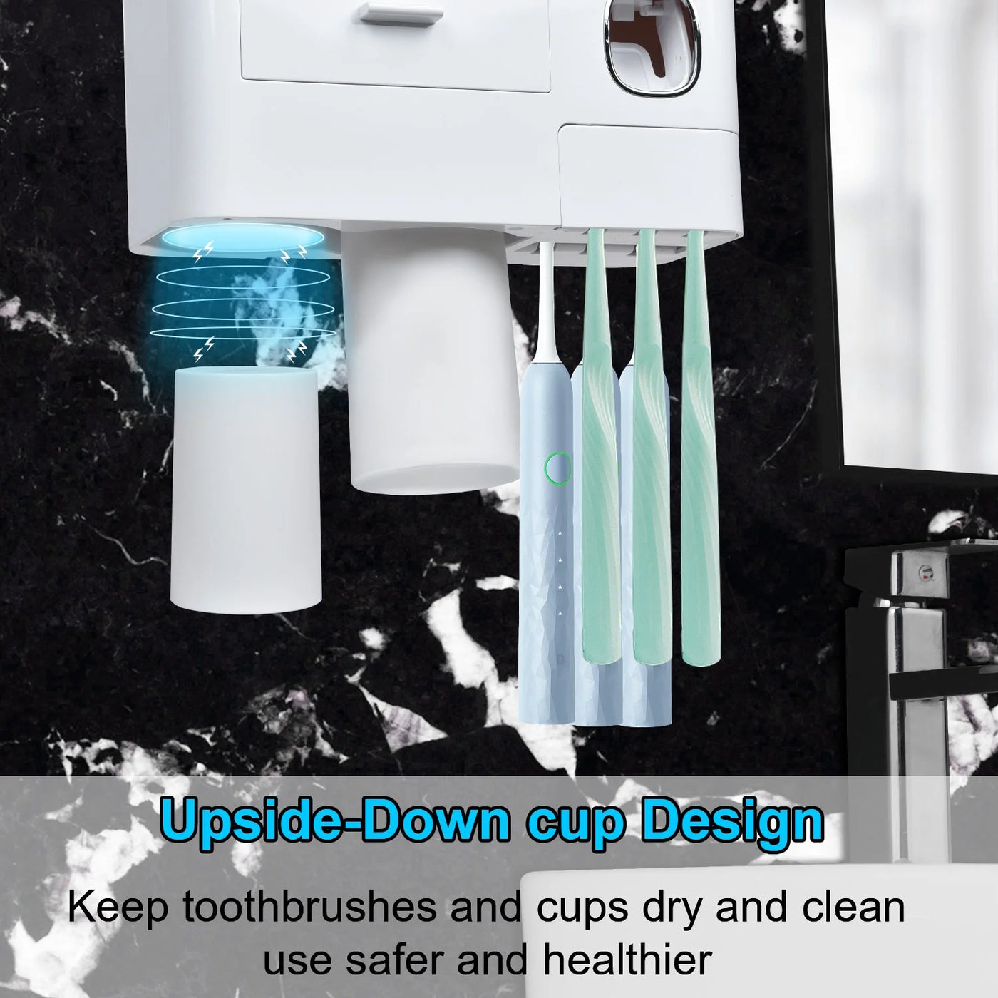 Toothbrush Holder Wall Mounted Automatic Toothpaste Dispenser Squeezer Kit -Magnetic Toothbrush Holder for Bathroom and Vanity, 4 Brush Slots 2 Cups 1 Cosmetic Drawer1 Large Storage Tray,Gray