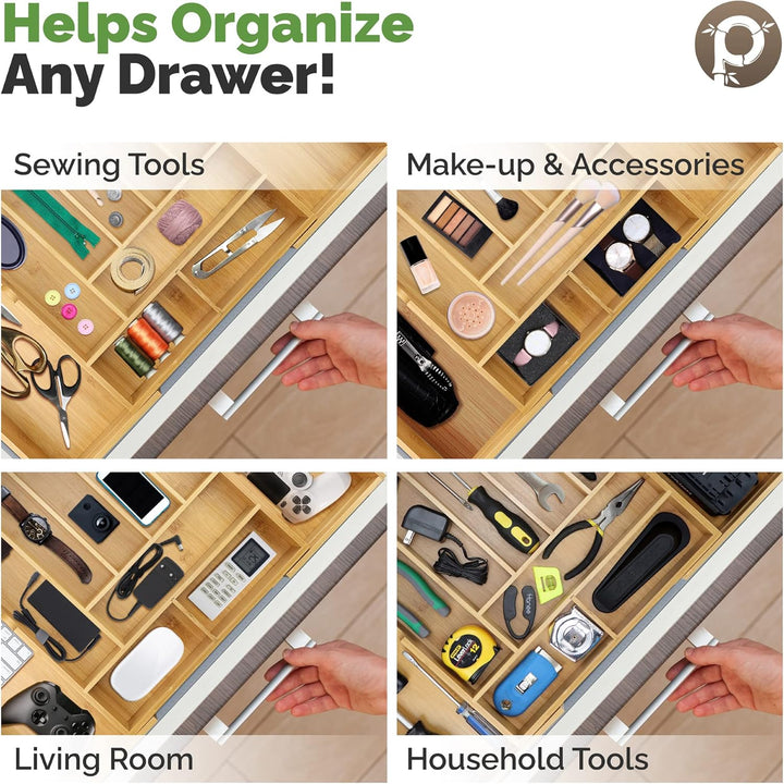 Expandable Bamboo Drawer Organizer for Kitchen & Office – 10 Adjustable Compartments, Fits 13"–22" Wide Drawers