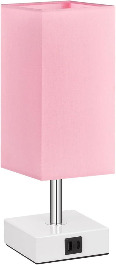 Touch Control Table Lamp with USB A+C Ports – 3-Level Dimmable Bedside Lamp with LED Bulb, Pink Shade & White Base, for Girls’ Room, Bedroom, Office