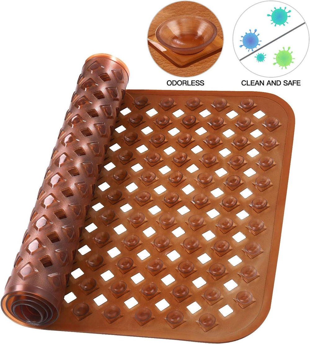 Brown Bath and Shower Safety Mat with Suction Cups(35X15.5 Inch) Non-Slip and Phthalate Latex Free, Machine Washable XL Size Bathroom Mats