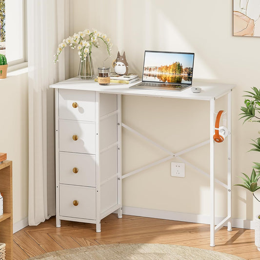 White 35" Writing Desk – Small Desk w/ Storage