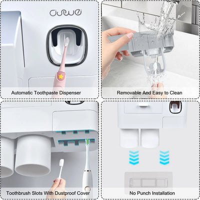 Toothbrush Holder Wall Mounted Automatic Toothpaste Dispenser Squeezer Kit -Magnetic Toothbrush Holder for Bathroom and Vanity, 4 Brush Slots 2 Cups 1 Cosmetic Drawer1 Large Storage Tray,Gray