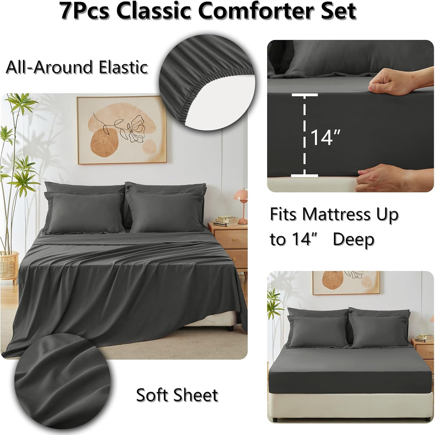 King Size Comforter Set – 7 Piece Dark Grey
