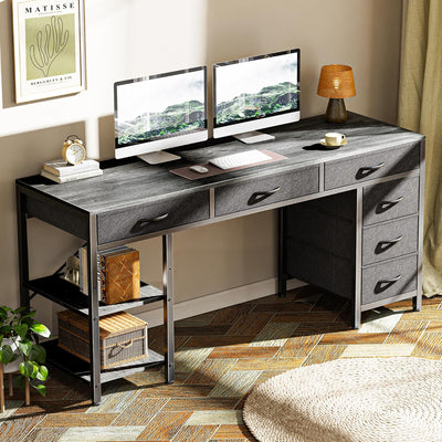 47" Gray Computer Desk with 6 Drawers & Shelves