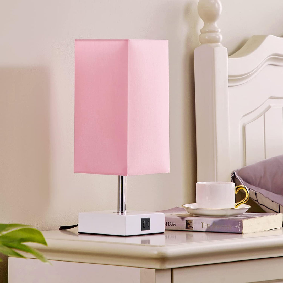 Touch Control Table Lamp with USB A+C Ports – 3-Level Dimmable Bedside Lamp with LED Bulb, Pink Shade & White Base, for Girls’ Room, Bedroom, Office