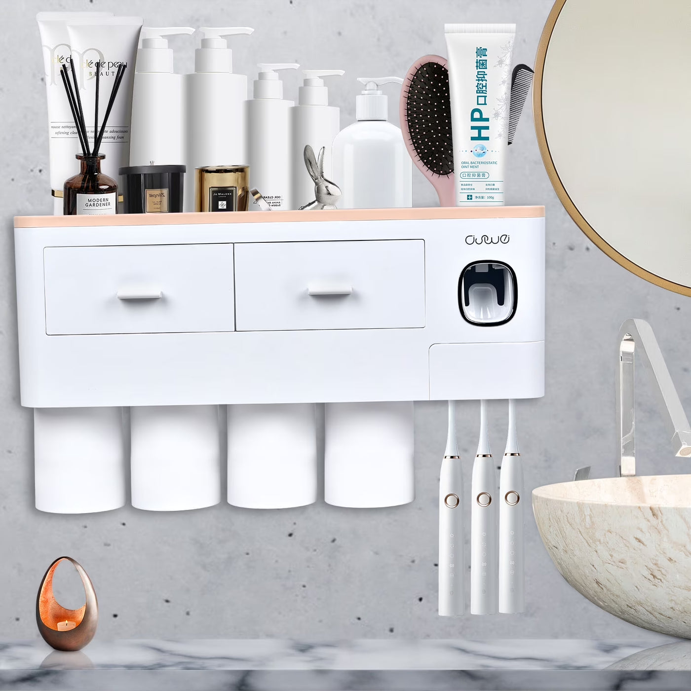 Toothbrush Holder Wall Mounted Automatic Toothpaste Dispenser Squeezer Kit -Magnetic Toothbrush Holder for Bathroom and Vanity, 4 Brush Slots 2 Cups 1 Cosmetic Drawer1 Large Storage Tray,Gray