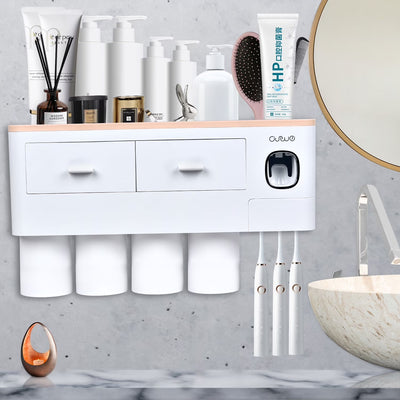 Toothbrush Holder Wall Mounted Automatic Toothpaste Dispenser Squeezer Kit -Magnetic Toothbrush Holder for Bathroom and Vanity, 4 Brush Slots 2 Cups 1 Cosmetic Drawer1 Large Storage Tray,Gray