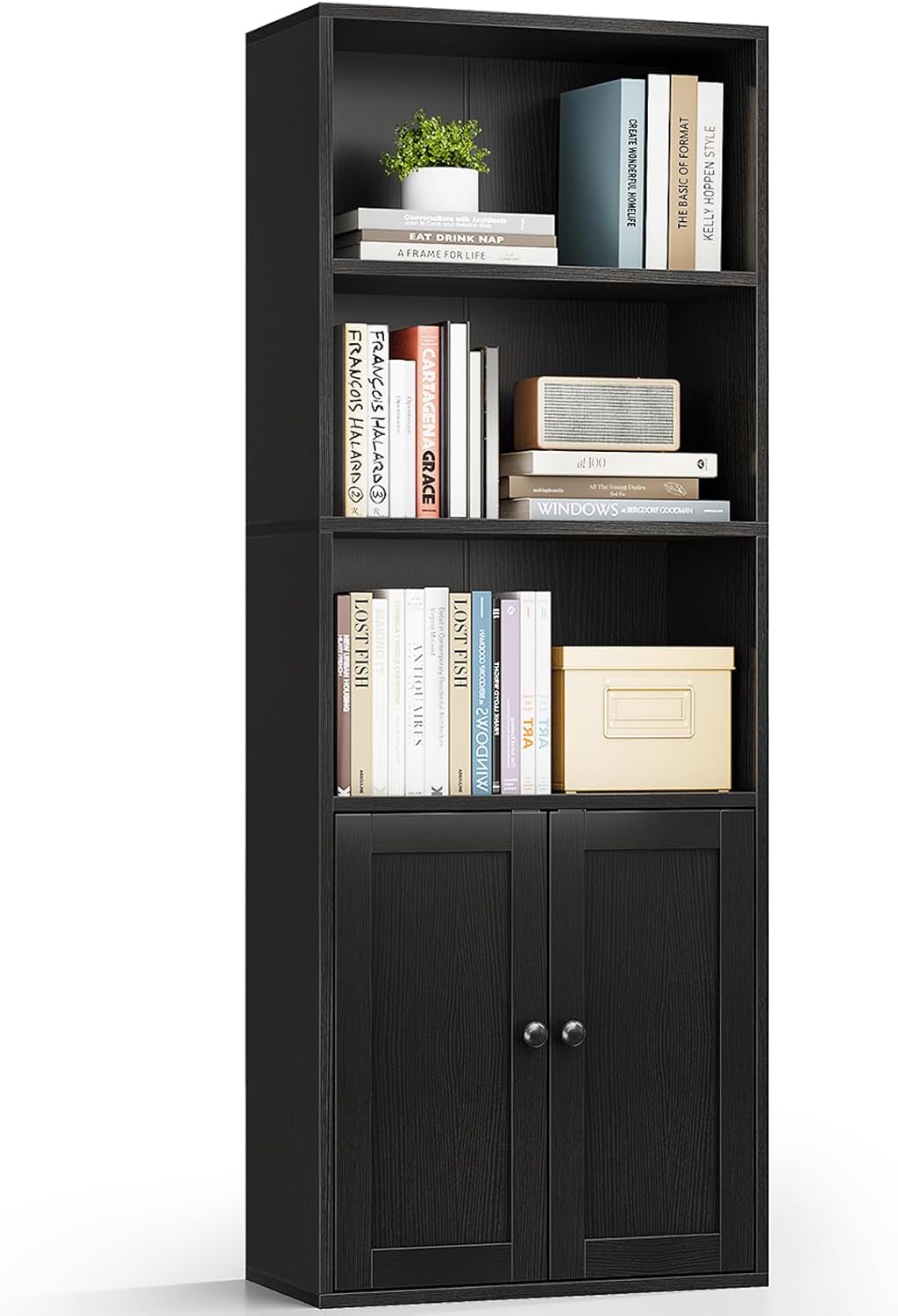 6-Tier Black Bookshelf w/ Doors – Tall