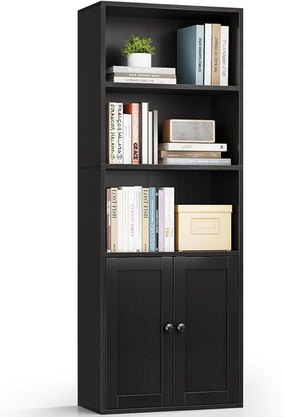 6-Tier Black Bookshelf w/ Doors – Tall