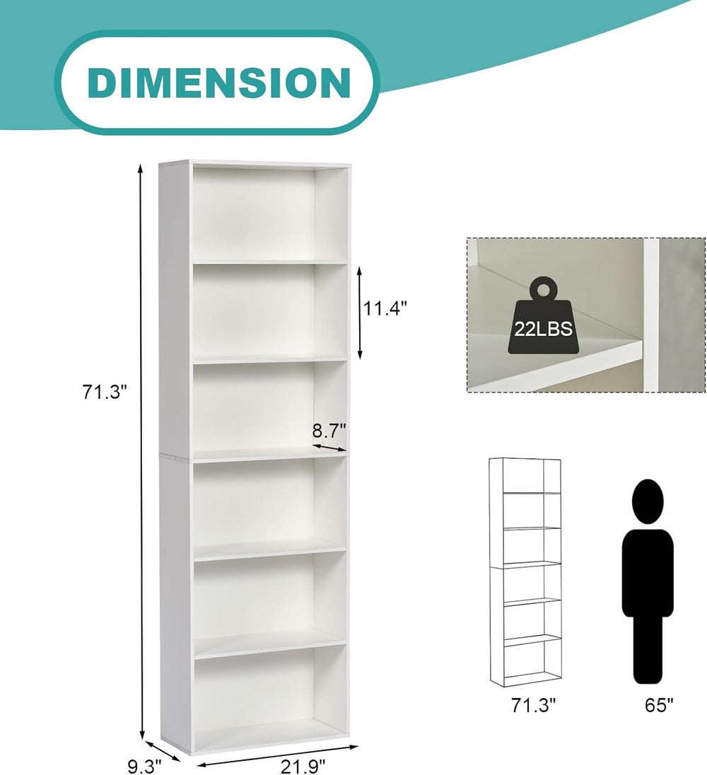 6-Tier Wooden Bookshelf – 71" Tall, White