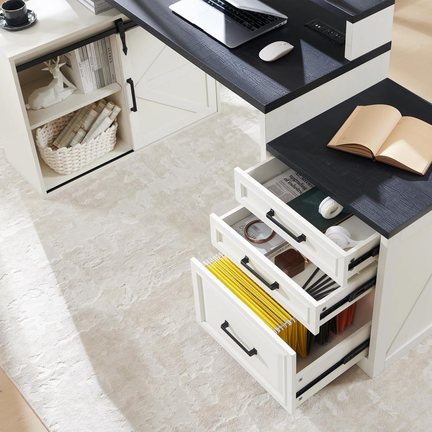 67" Off White Farmhouse Computer Desk with File