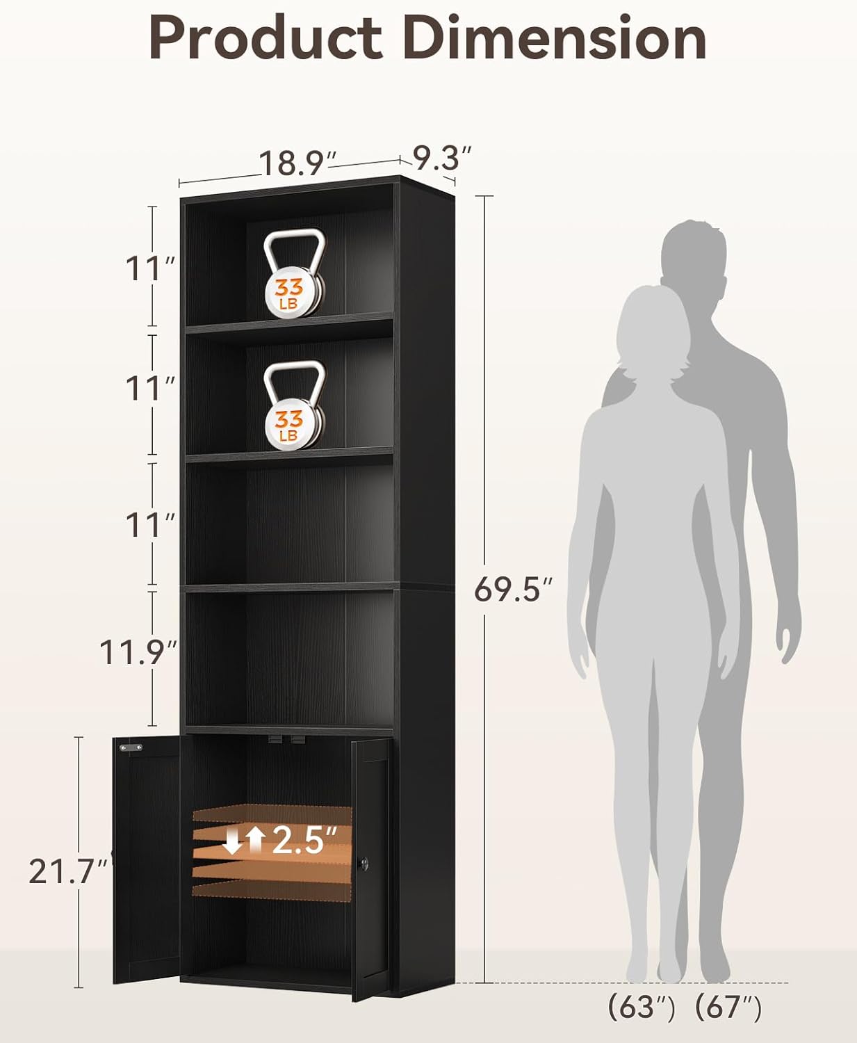 6-Tier Black Bookshelf w/ Doors – Tall