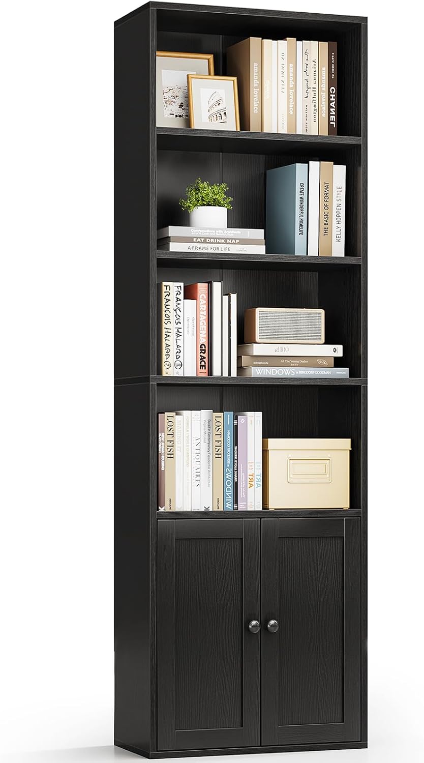 6-Tier Black Bookshelf w/ Doors – Tall