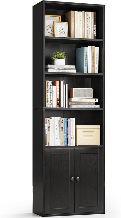 6-Tier Black Bookshelf w/ Doors – Tall