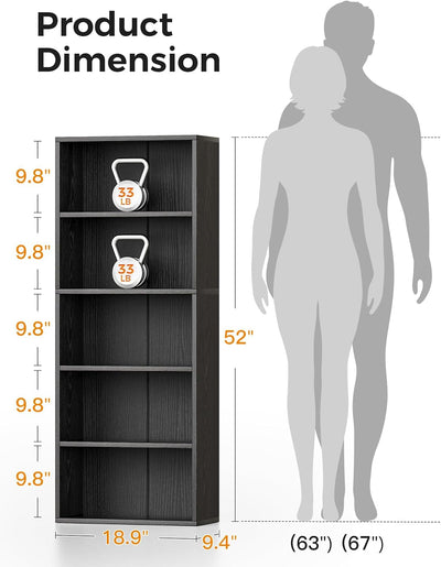 5-Tier Black Open Bookshelf – Tall Storage