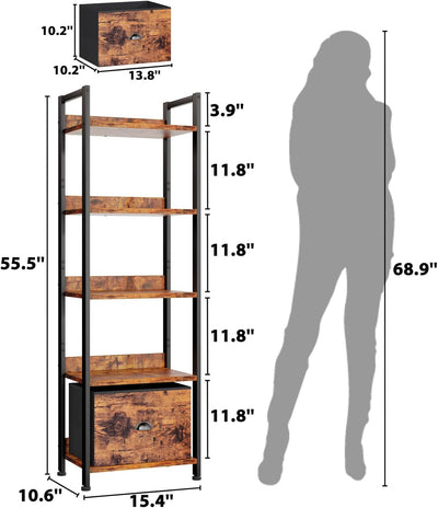 5-Tier Rustic Brown Bookshelf w/ Drawer