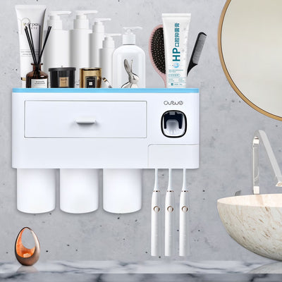 Toothbrush Holder Wall Mounted Automatic Toothpaste Dispenser Squeezer Kit -Magnetic Toothbrush Holder for Bathroom and Vanity, 4 Brush Slots 2 Cups 1 Cosmetic Drawer1 Large Storage Tray,Gray