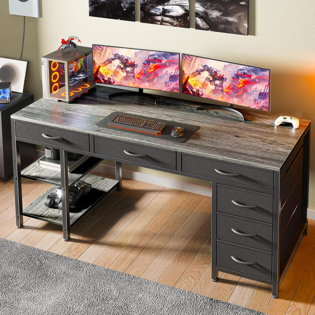 47" Gray Computer Desk with 6 Drawers & Shelves