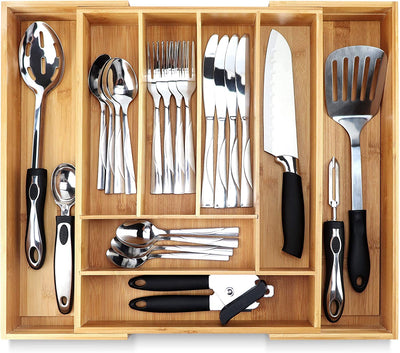 Expandable Bamboo Drawer Organizer for Kitchen & Office – 10 Adjustable Compartments, Fits 13"–22" Wide Drawers