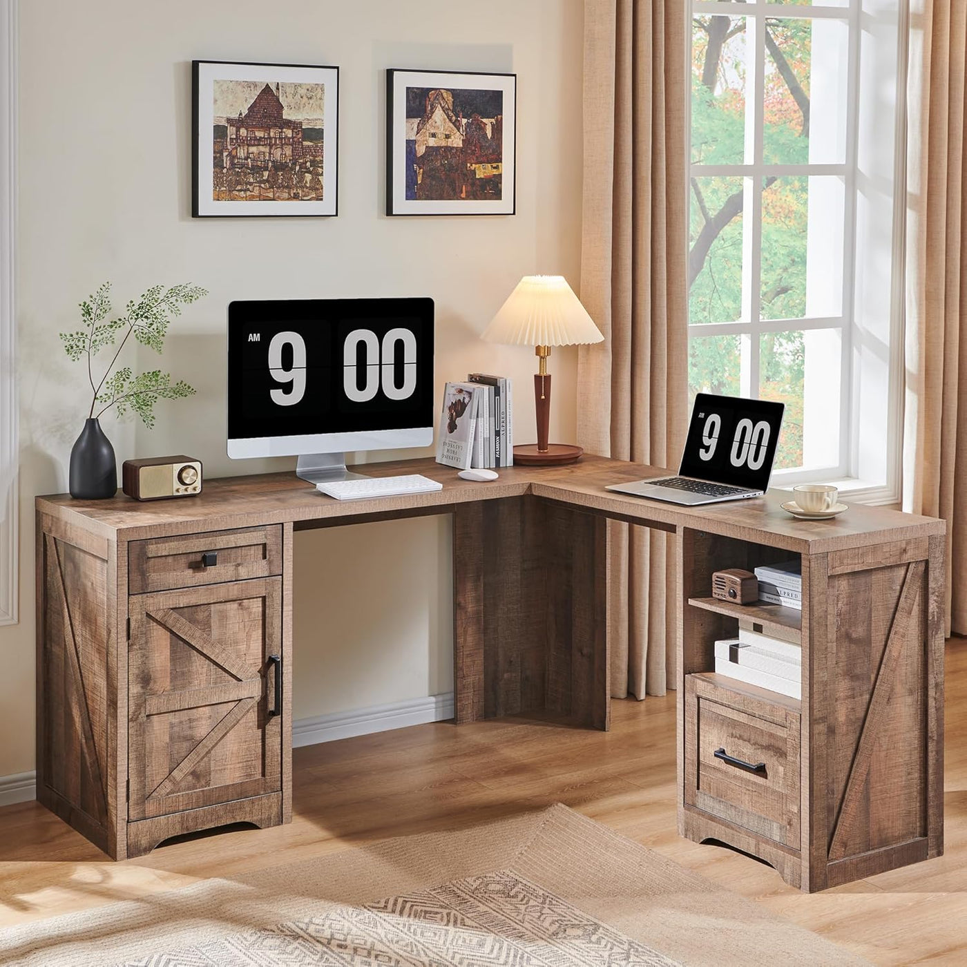 67" Off White Farmhouse Computer Desk with File