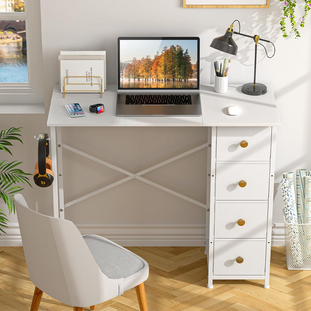 White 35" Writing Desk – Small Desk w/ Storage