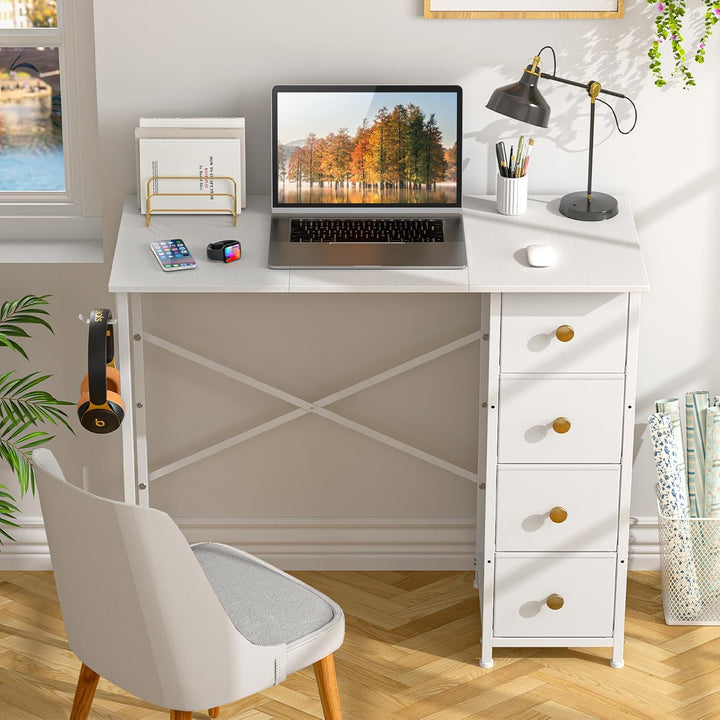 White 35" Writing Desk – Small Desk w/ Storage