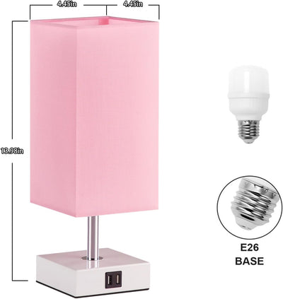 Touch Control Table Lamp with USB A+C Ports – 3-Level Dimmable Bedside Lamp with LED Bulb, Pink Shade & White Base, for Girls’ Room, Bedroom, Office