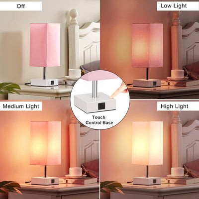 Touch Control Table Lamp with USB A+C Ports – 3-Level Dimmable Bedside Lamp with LED Bulb, Pink Shade & White Base, for Girls’ Room, Bedroom, Office