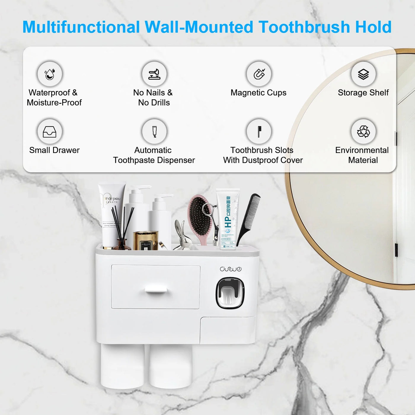 Toothbrush Holder Wall Mounted Automatic Toothpaste Dispenser Squeezer Kit -Magnetic Toothbrush Holder for Bathroom and Vanity, 4 Brush Slots 2 Cups 1 Cosmetic Drawer1 Large Storage Tray,Gray