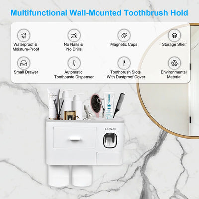 Toothbrush Holder Wall Mounted Automatic Toothpaste Dispenser Squeezer Kit -Magnetic Toothbrush Holder for Bathroom and Vanity, 4 Brush Slots 2 Cups 1 Cosmetic Drawer1 Large Storage Tray,Gray