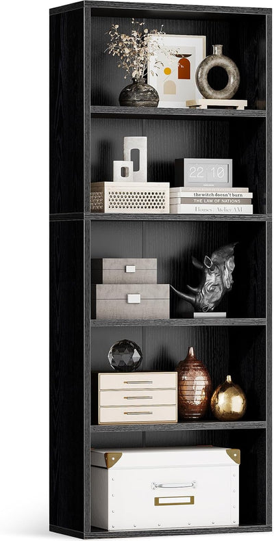 5-Tier Black Open Bookshelf – Tall Storage
