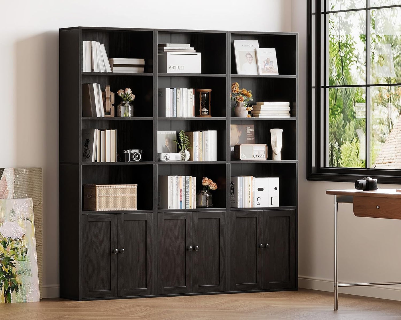 6-Tier Black Bookshelf w/ Doors – Tall